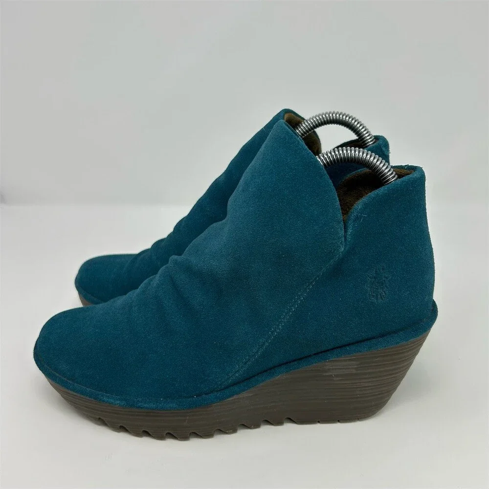Fly London Yip Womens Ankle Booties Teal Blue Wedge Side Zip Lug Sole Size 39 - Picture 9 of 13